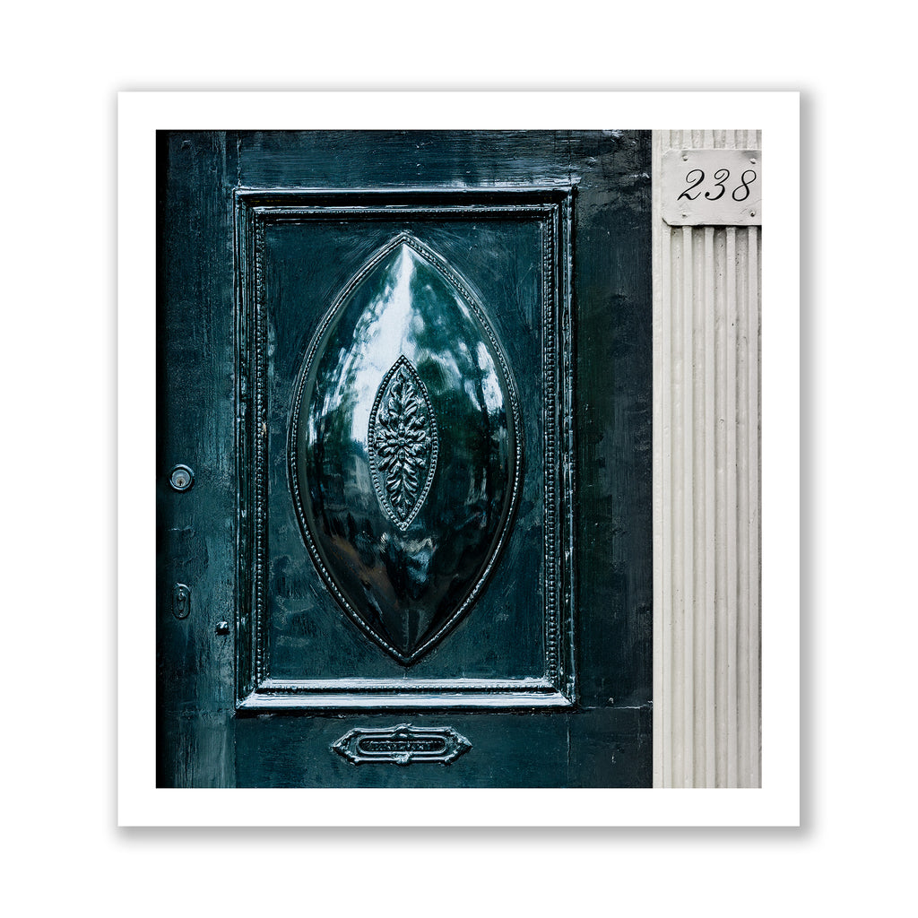 Decorative blue door in Amsterdam with intricate design and number 238 on a white background