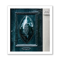 Decorative blue door in Amsterdam with intricate design and number 238 on a white background