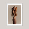 Framed artwork of a nude figure with red hair on a beige background