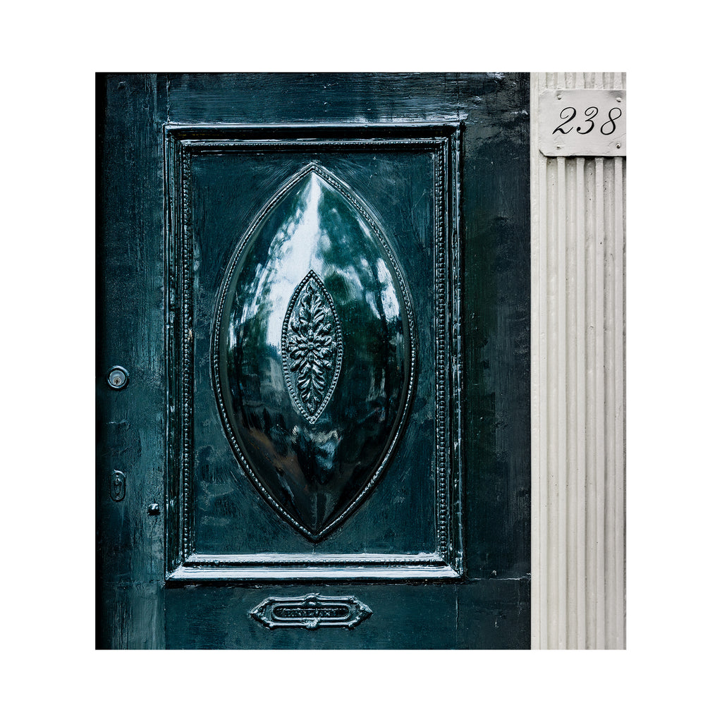 Decorative blue door in Amsterdam with a central emblem and a white wall with number '238' in the background