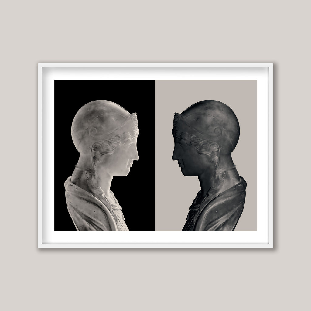 artwork of two classical statues facing each other on a neutral background