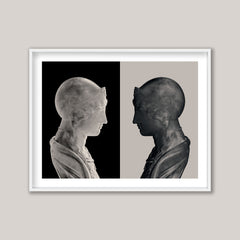 artwork of two classical statues facing each other on a neutral background