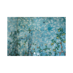 Decorative fabric wallpaper mural  with floral and bird pattern on a blue background
